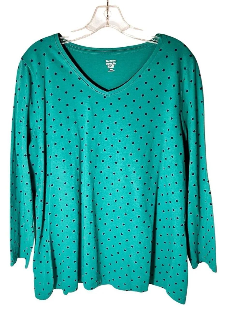 Women's Kim Rogers Green Navy Polka Dot V-Neck 3/4 Sleeve Blouse Size XXL